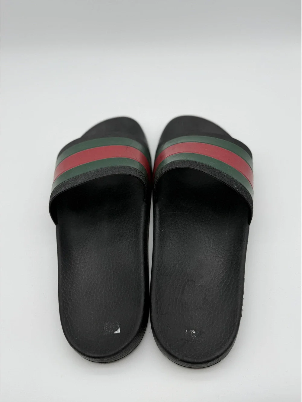 Gucci Men's Black Slide Sandals with Green and Red Stripes Size 11.5